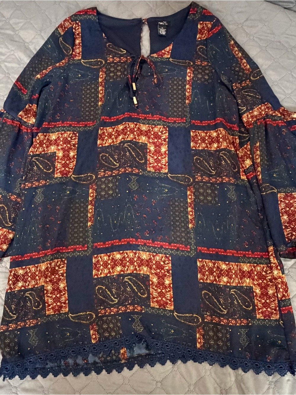 Rue21 Navy Patchwork Print Midi Dress with Tie Neck